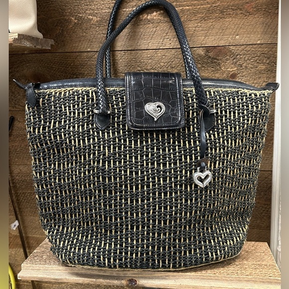Brighton Woven Straw Tote Bag with Croc-Embossed Leather Trim & Heart Charm - Picture 2 of 12